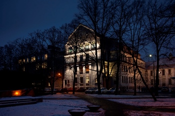 Faculty of Civil Engineering and Architecture at night, a view from Adam Mickiewicz Park, photo made by S. Dubiel